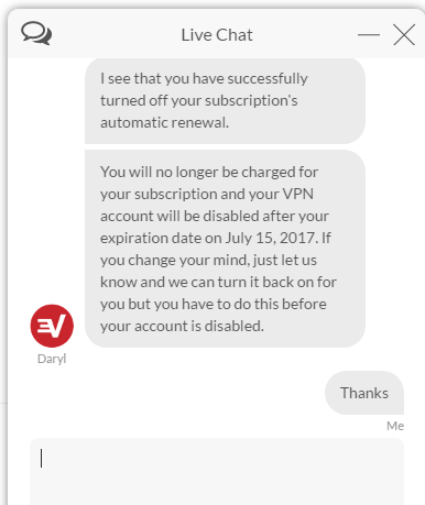 ExpressVPN customer support confirmed cancelletion message 