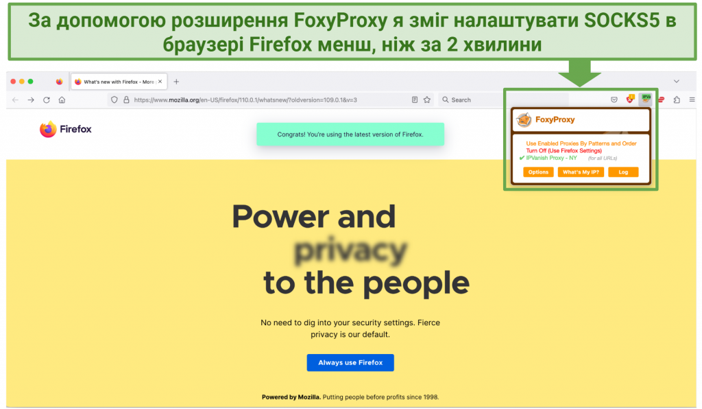 Screenshot showing a Firefox browser connected to a SOCKS5 proxy in New York