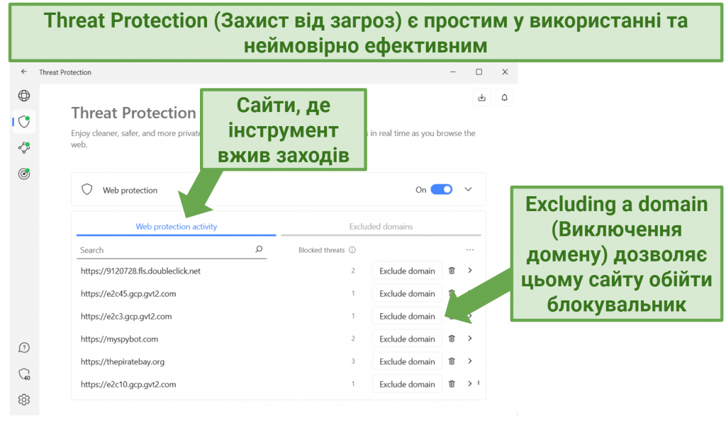 screenshot showing NordVPN's threat protection feature displaying which sites it blocked threats on