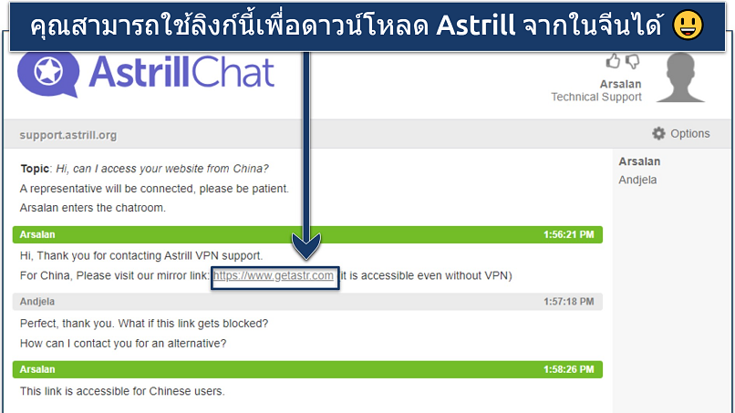 Screenshot showing Astill VPN live chat window with information about mirror links for China