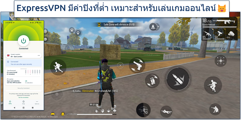 Screenshot of Free Fire gameplay with ExpressVPN connected