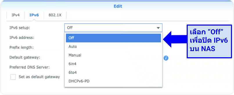 Screenshot showing how to disable IPv6 on Synology NAS