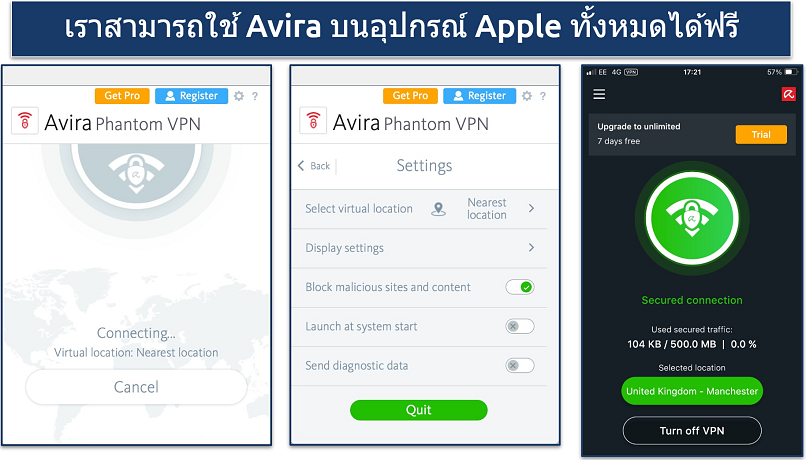 Screenshots showing the Avira Phantom macOS and iOS apps