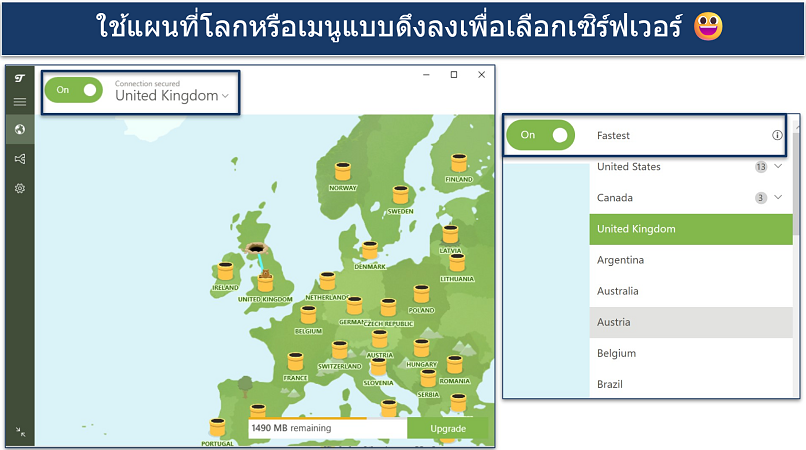 Screenshot of TunnelBear's free Windows VPN app showing server map and drop-down list
