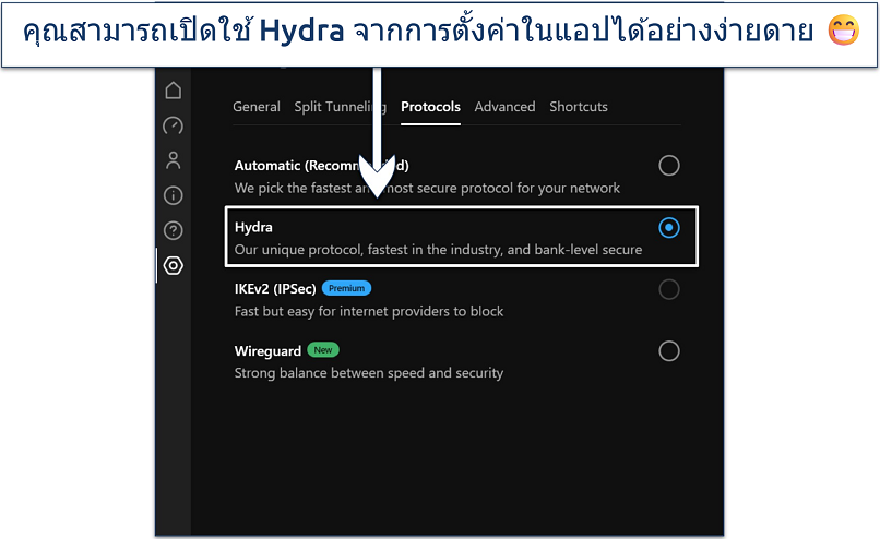 Screenshot showing how to enable Hydra protocol